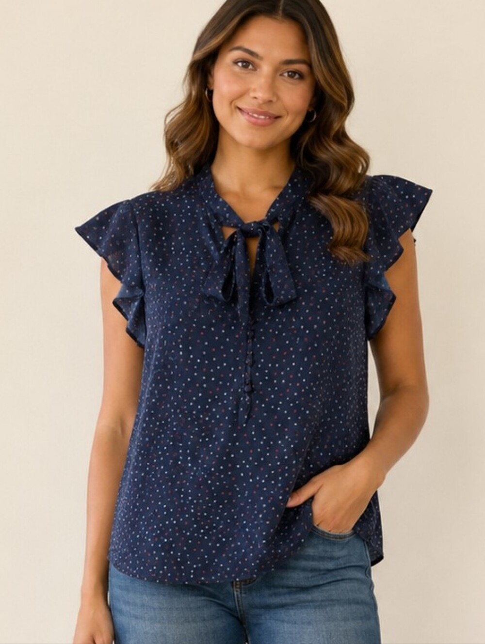 ❤️ ABERCROMBIE & FITCH NAVY FLORAL TIE-NECK RUFFLE SLEEVE TOP, LARGE